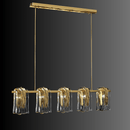 Aurora Vellum chandelier against dark background, showcasing brass frame and vellum-like Murano-style glass folds.