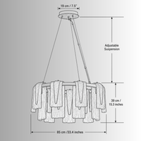 Technical drawing of Aurora Sublime chandelier showing diameter, height, suspension details, and structural measurements.