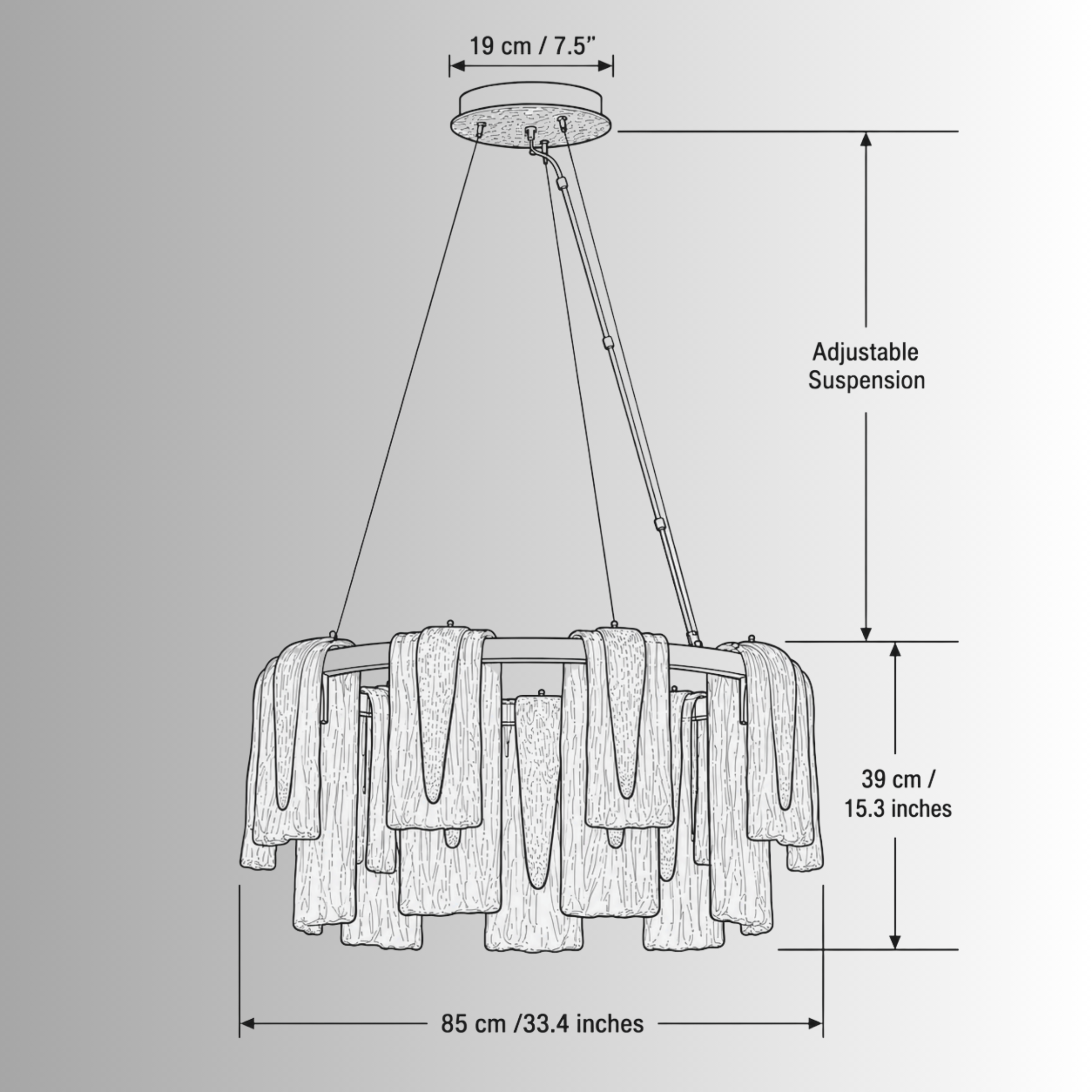 Technical drawing of Aurora Sublime chandelier showing diameter, height, suspension details, and structural measurements.