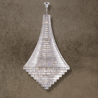 Bel Air monumental Asfour crystal chandelier in polished stainless steel, front view on a textured taupe background.