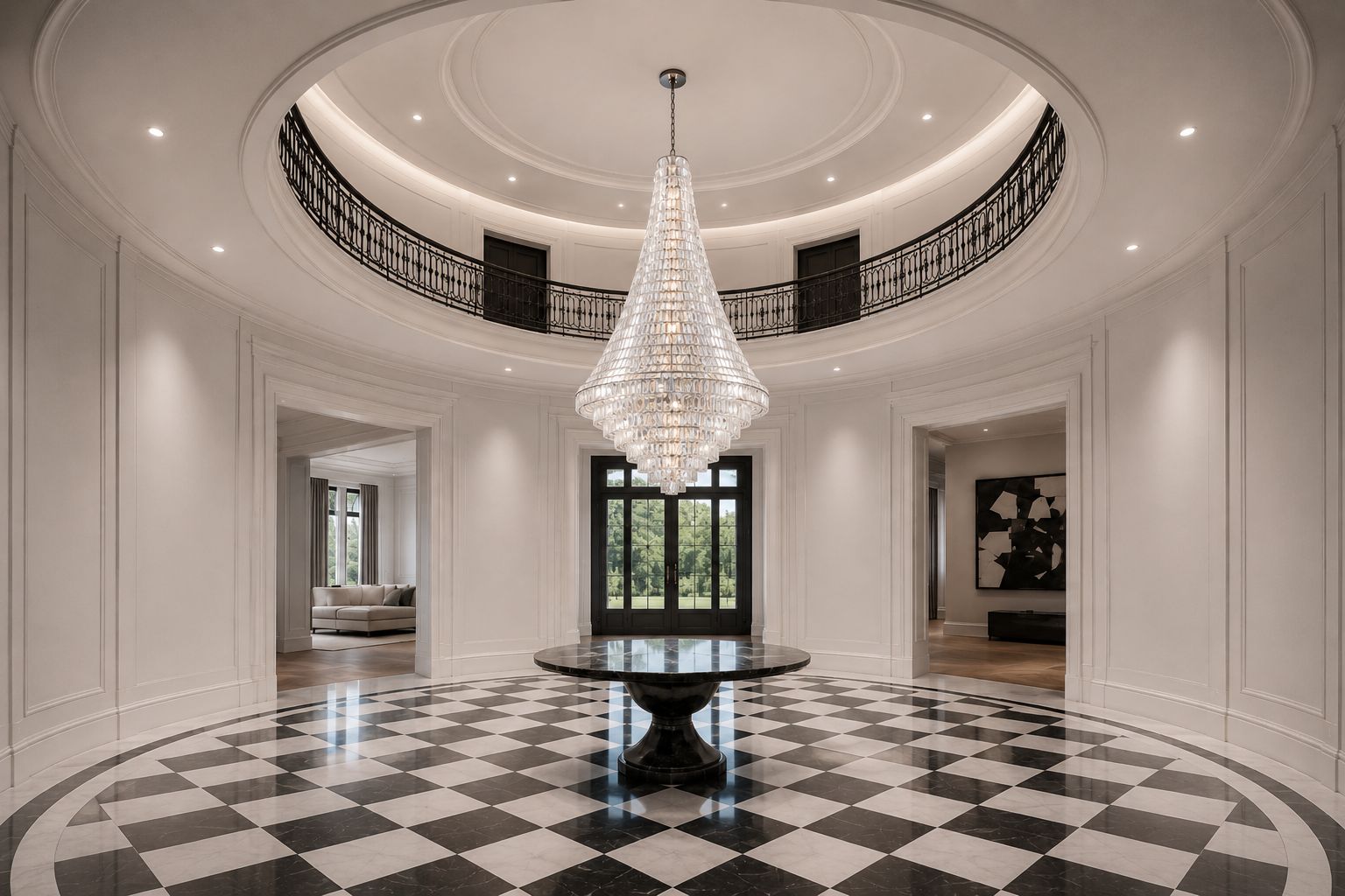 Bel Air monumental crystal chandelier installed in a two-story foyer with a circular gallery and checkerboard floor.