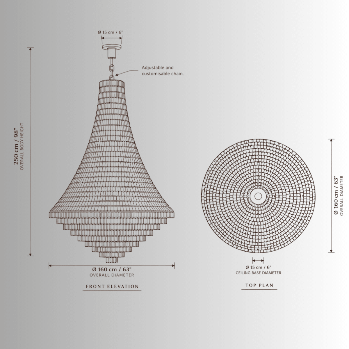 Bel Air crystal chandelier technical drawing with 160 cm diameter, 250 cm body height and adjustable suspension.
