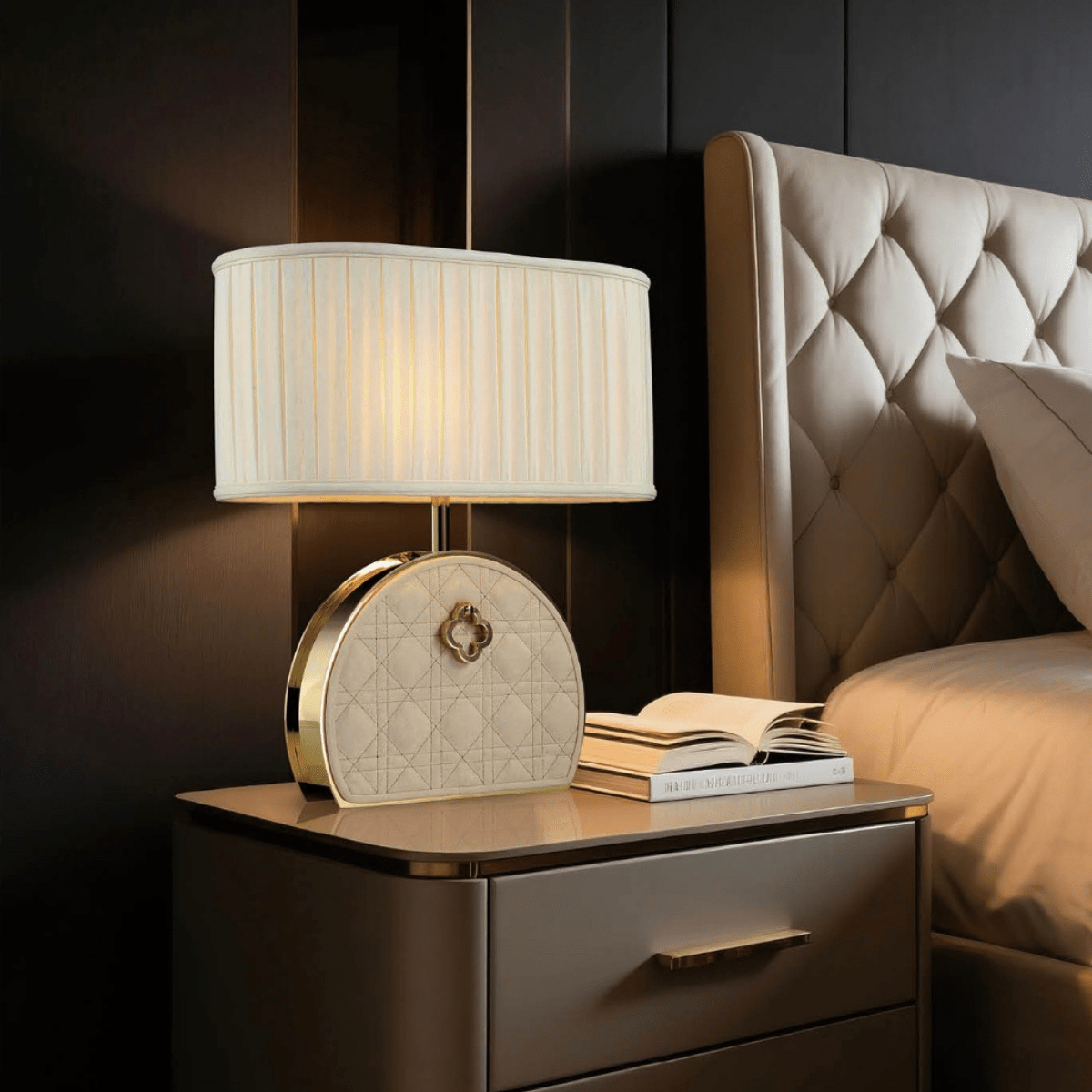 Bellmont luxury bedside table lamp styled in a modern bedroom, showcasing quilted leather craftsmanship.