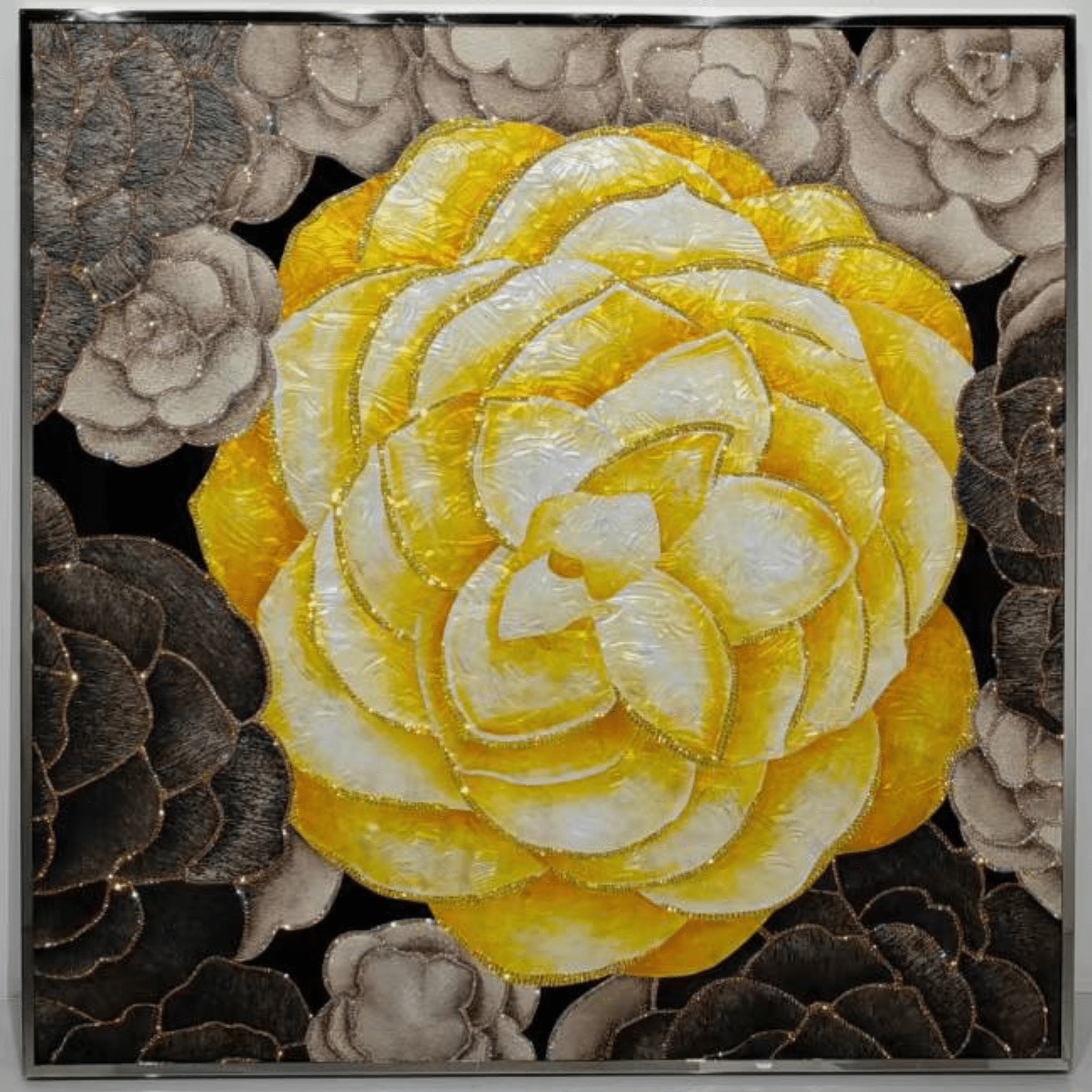 Handcrafted Swarovski crystal wall artwork with layered floral composition and reflective shell textures.