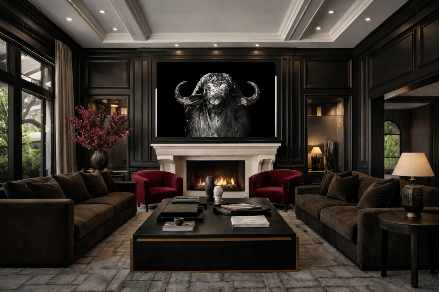 Bozeman crystal bison wall art displayed in luxury living room interior above fireplace