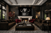 Bozeman crystal bison wall art displayed in luxury living room interior above fireplace