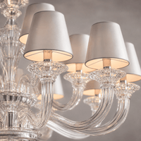 Close up shot of the Cadogan 18 light crystal chandelier showing theh crystal and shade details.
