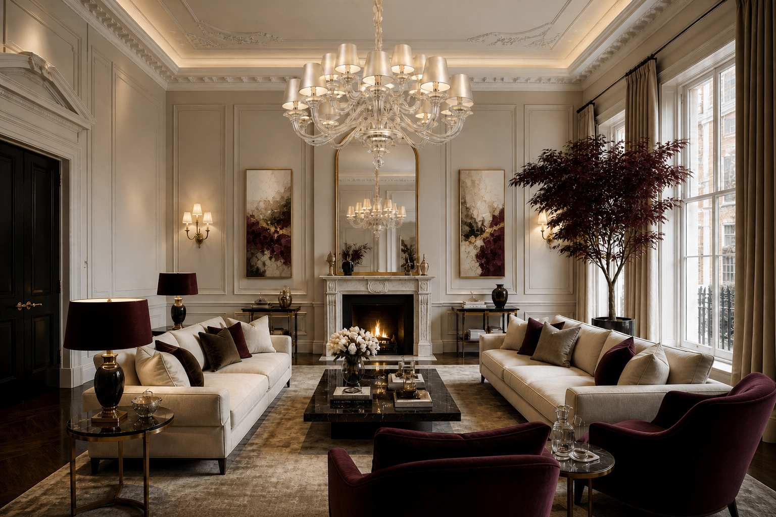 Cadogan luxury chandelier installed within an elegant London South Kensington townhouse-style salon interior