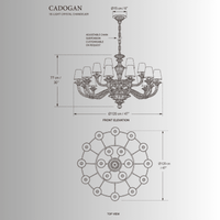 CAD drawing of the Cadogan 18 light crystal chandelier, Front and top orthographic elevation view and measurements.