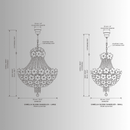 CAD drwaing of the Camellia Bloom Chandelier, front view with metric and imperial measurements.