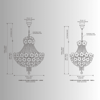 CAD drwaing of the Camellia Bloom Chandelier, front view with metric and imperial measurements.