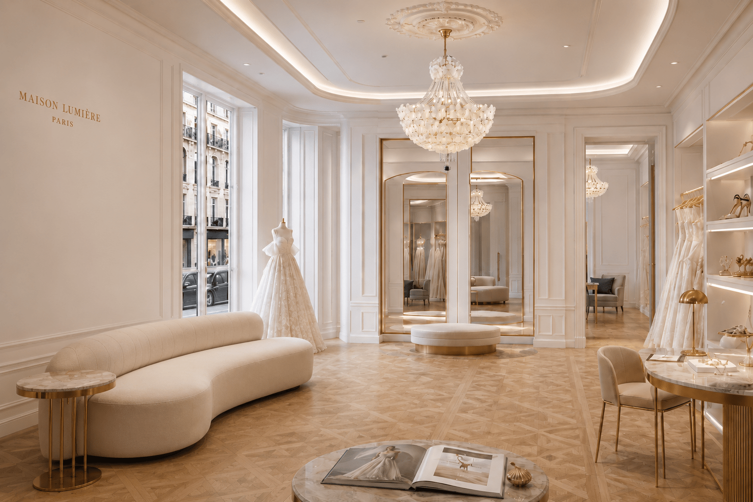 Camellia Bloom Chandelier installed in a bridal boutique in paris with wood floor and luxurious furnitures.