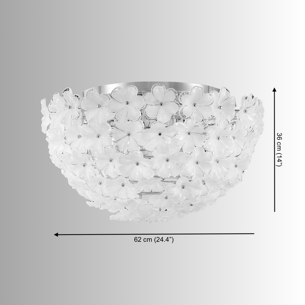 62 cm (24.4") floral flush mount ceiling light with hand-crafted Murano-style glass petals and chrome frame.