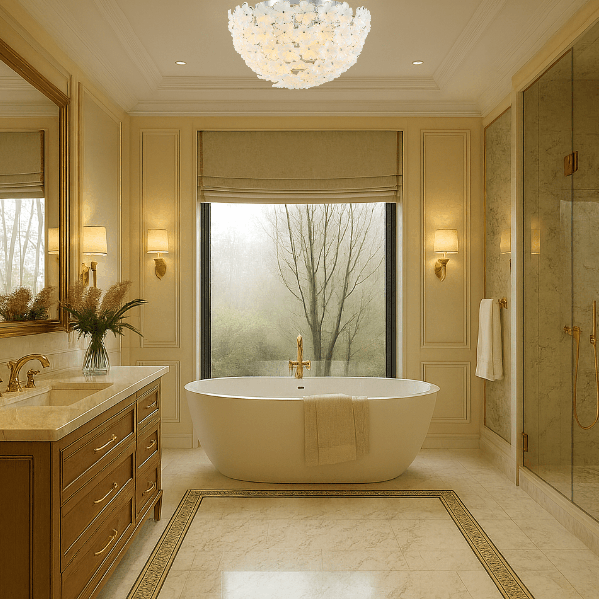 Murano-style floral flush mount installed in high-end bathroom with marble finishes.