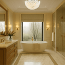 Murano-style floral flush mount installed in high-end bathroom with marble finishes.