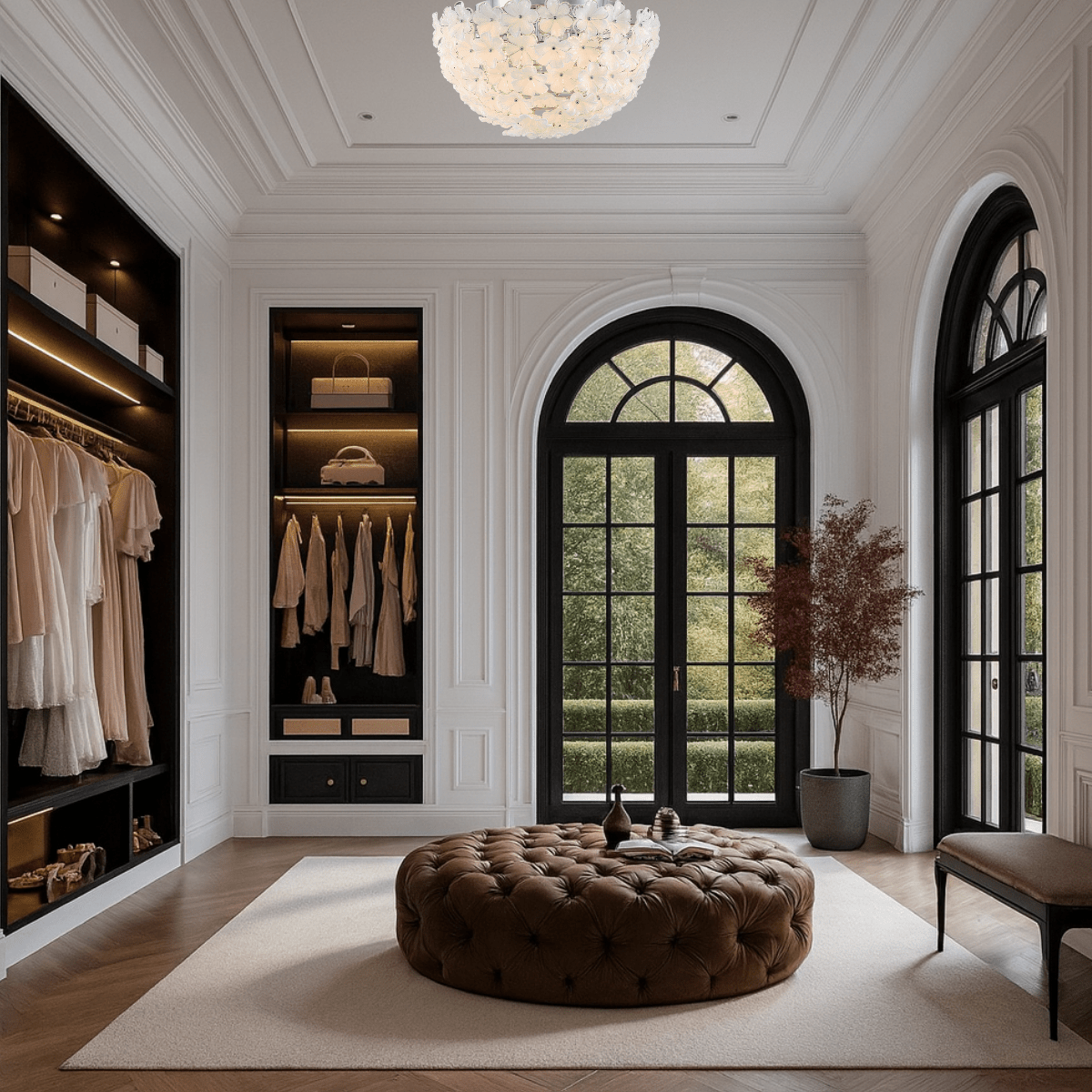 Murano-style floral flush mount lighting installed in upscale walk-in closet interior.