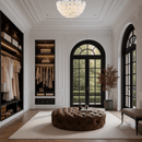 Murano-style floral flush mount lighting installed in upscale walk-in closet interior.