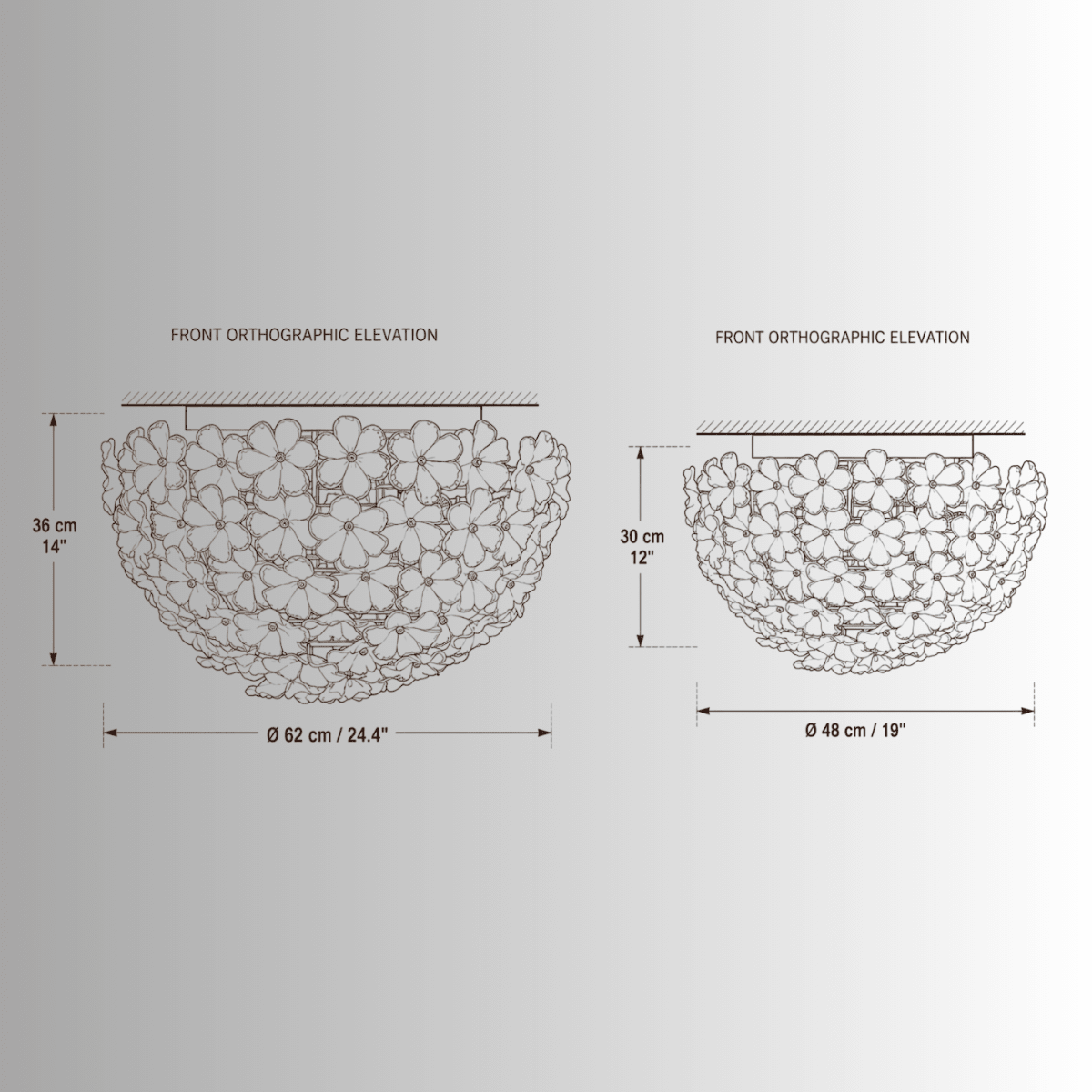 CAD drawing of Camellia Fiorita Flush ceiling lights in 62 cm and 48 cm sizes with dimensions.