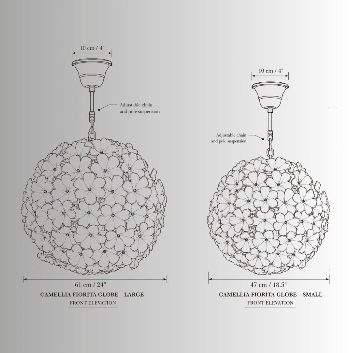 Camellia Fiorita Globe chandelier CAD drawing showing 61 cm and 47 cm floral glass sizes.