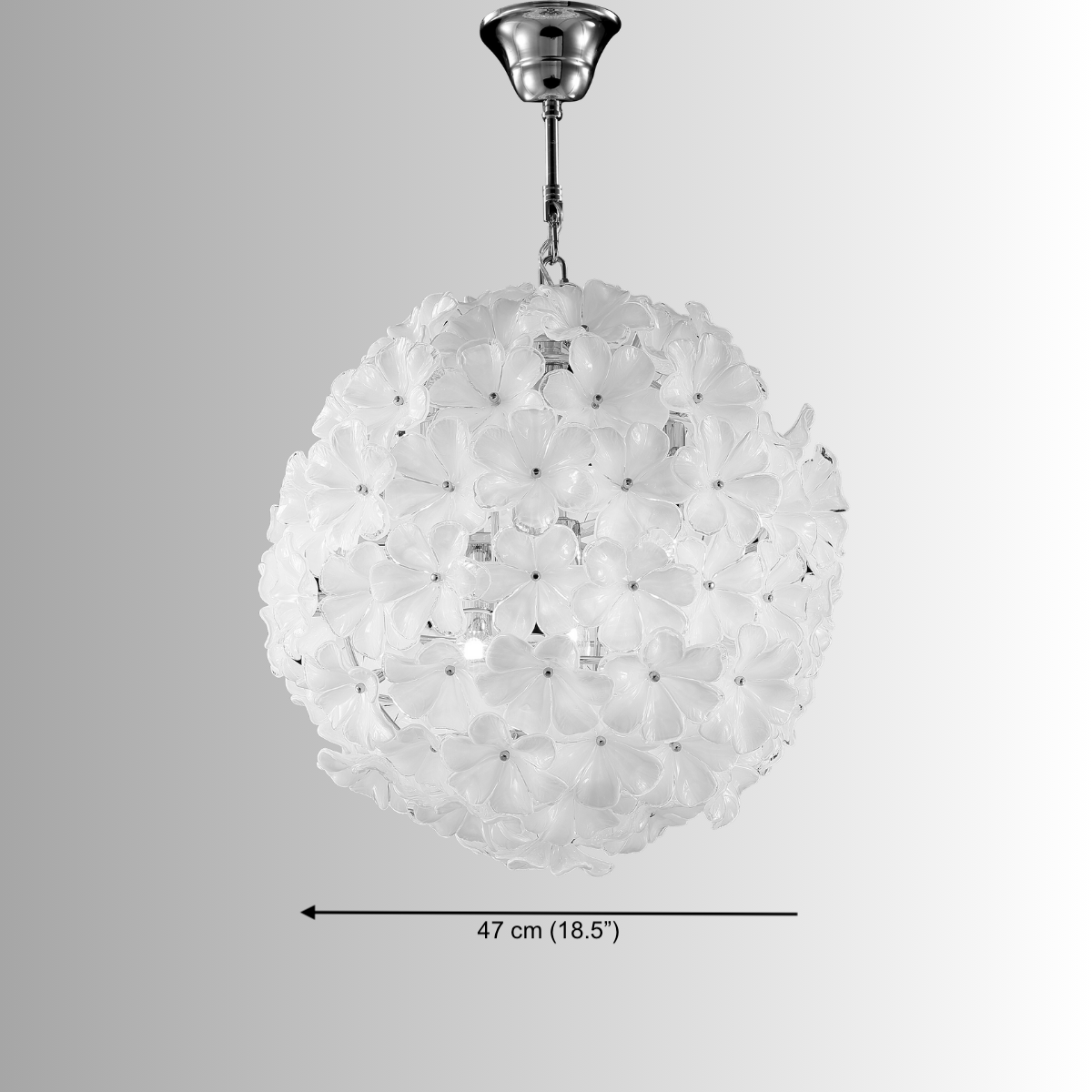 47 cm Camellia Fiorita Globe chandelier handcrafted with white Murano-style glass petals.