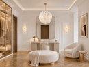 Camellia Fiorita Globe chandelier in a luxury white dressing room with matching floral wall lights.