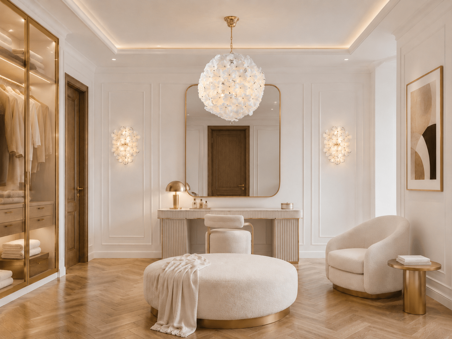 Camellia Fiorita Globe chandelier in a luxury white dressing room with matching floral wall lights.