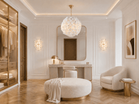 Camellia Fiorita Globe chandelier in a luxury white dressing room with matching floral wall lights.