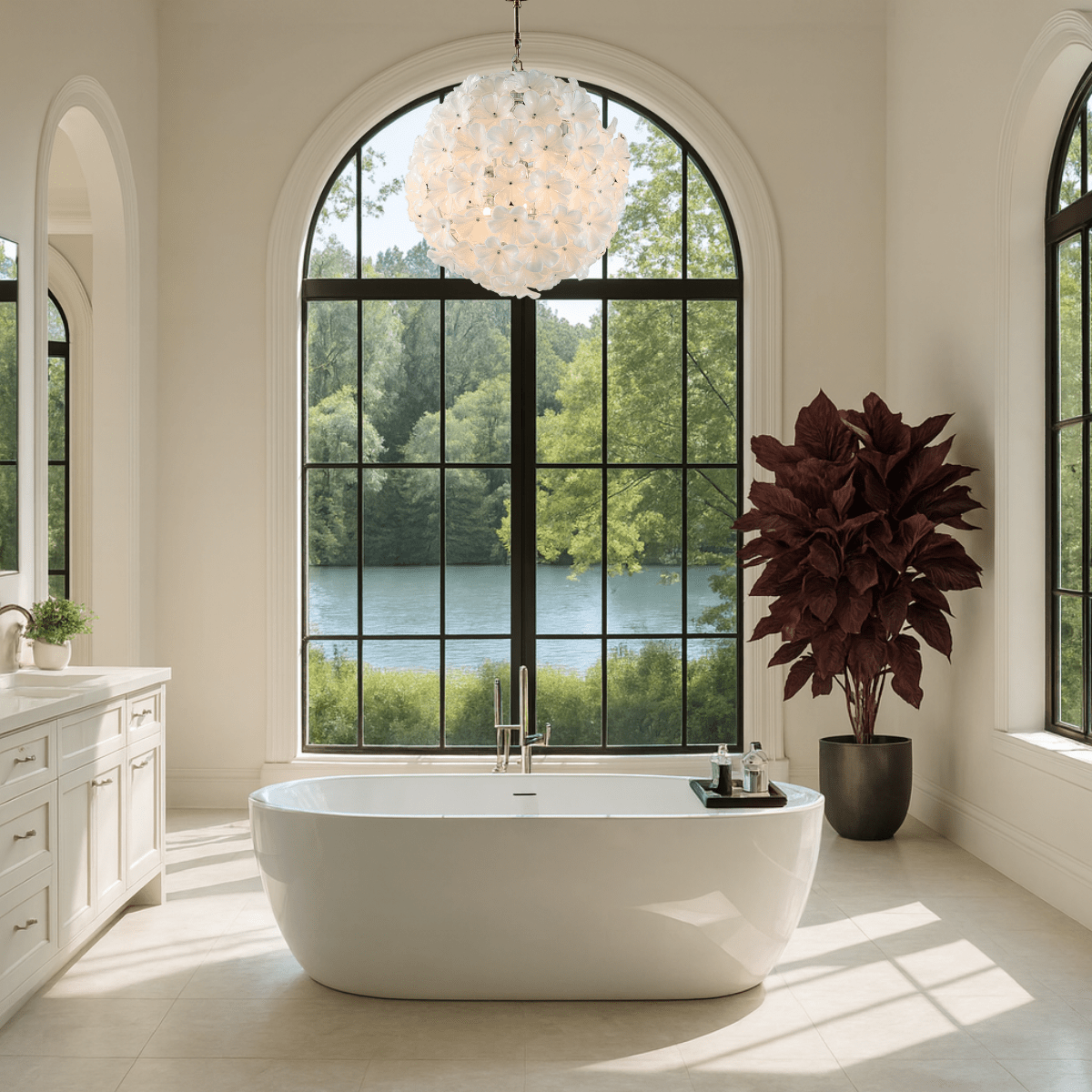Camellia Fiorita Globe chandelier installed in a luxury bathroom with arched windows.