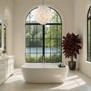 Camellia Fiorita Globe chandelier installed in a luxury bathroom with arched windows.
