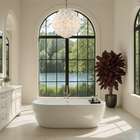 Camellia Fiorita Globe chandelier installed in a luxury bathroom with arched windows.