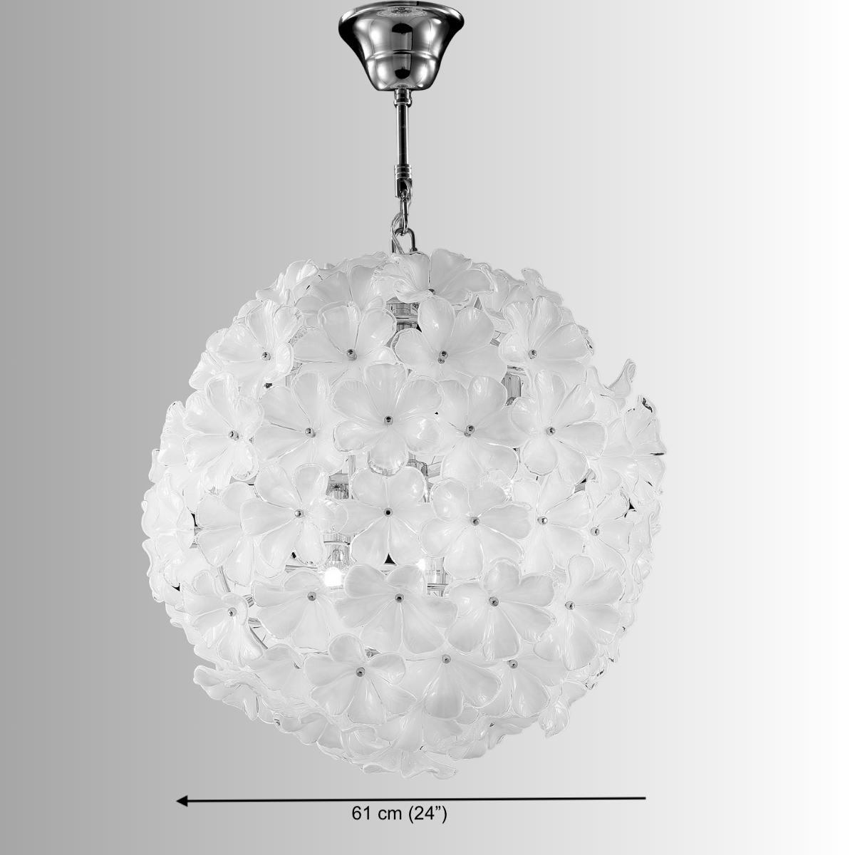 61 cm (24") Camellia Fiorita Globe chandelier with white glass flowers and polished gold frame.