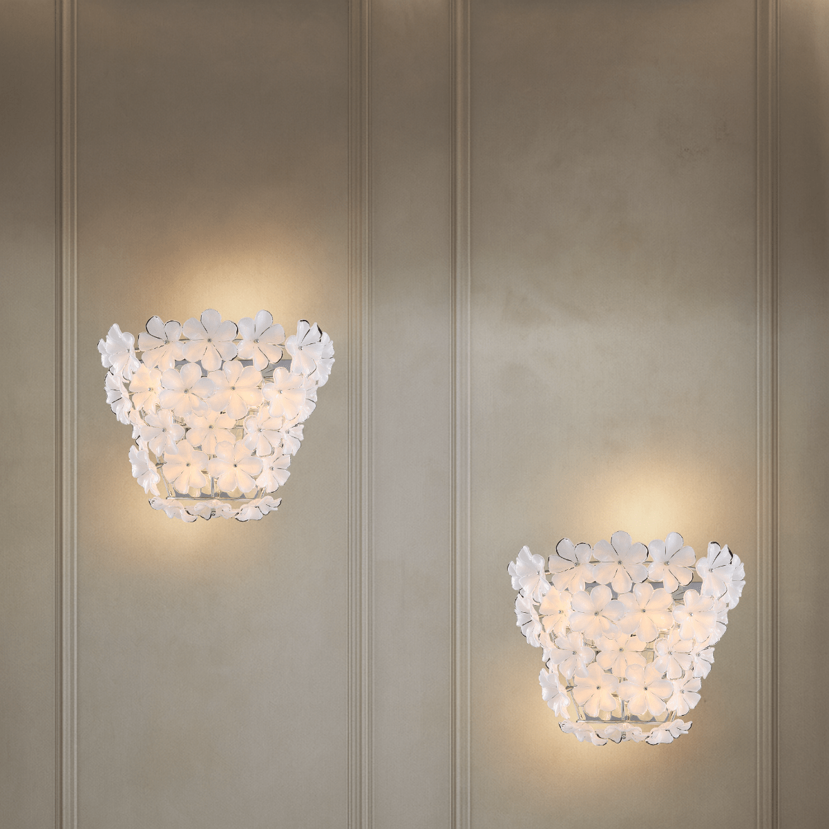 Pair of Murano-style floral wall sconces illuminating a luxury interior wall.