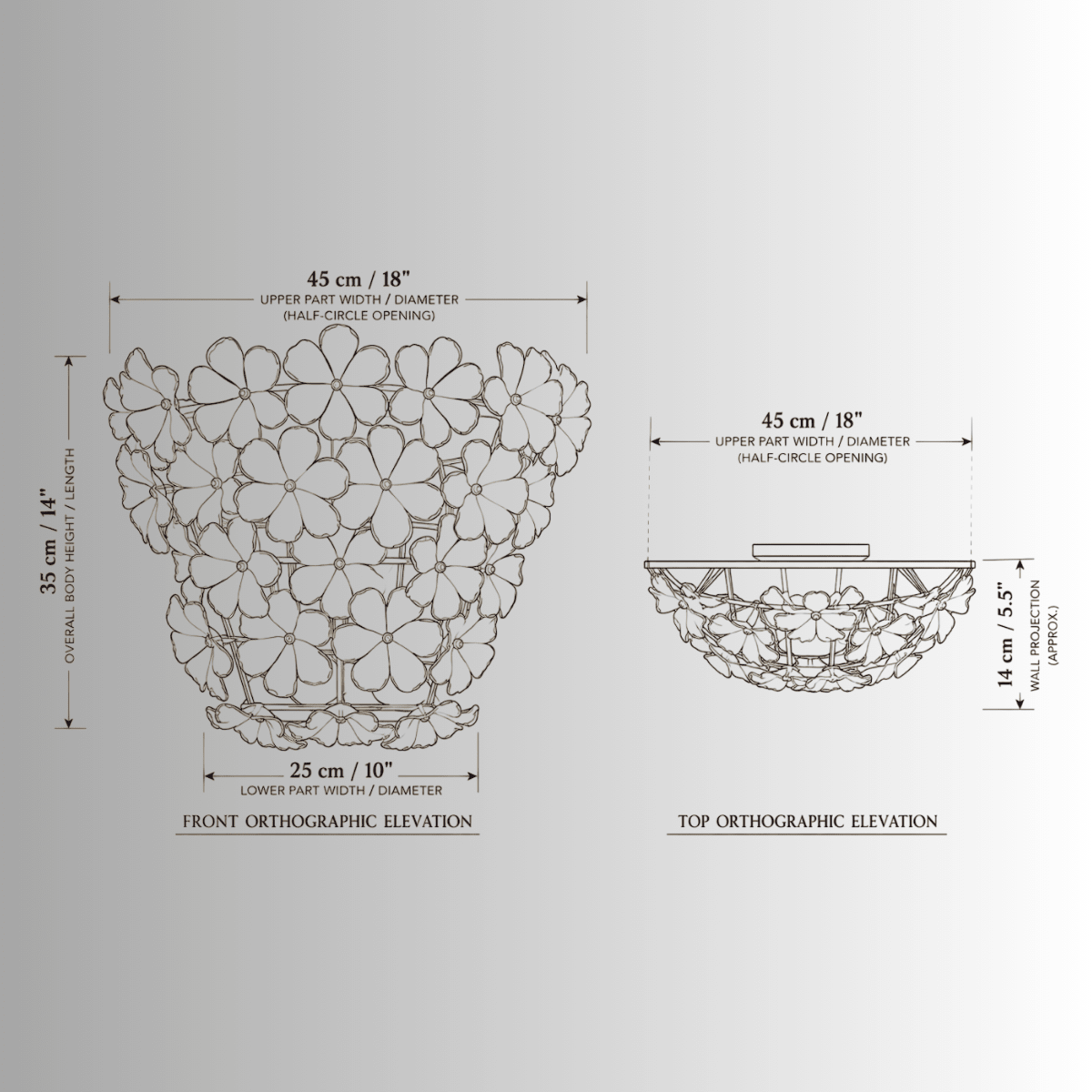 Camellia Fiorita wall sconce CAD drawing with front and top elevations and metric-imperial dimensions