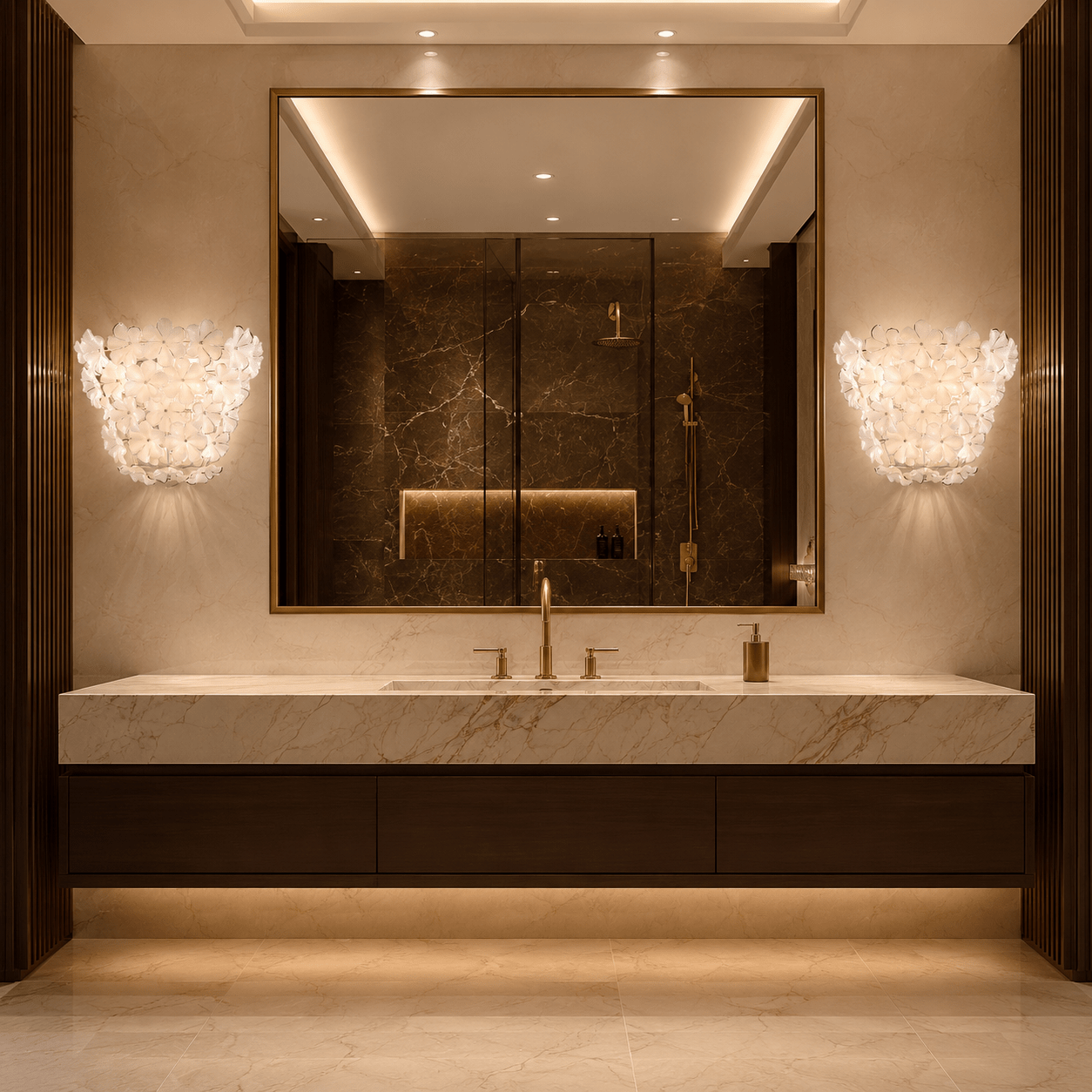 Murano-style floral wall sconces installed beside a bathroom mirror in a luxury interior.