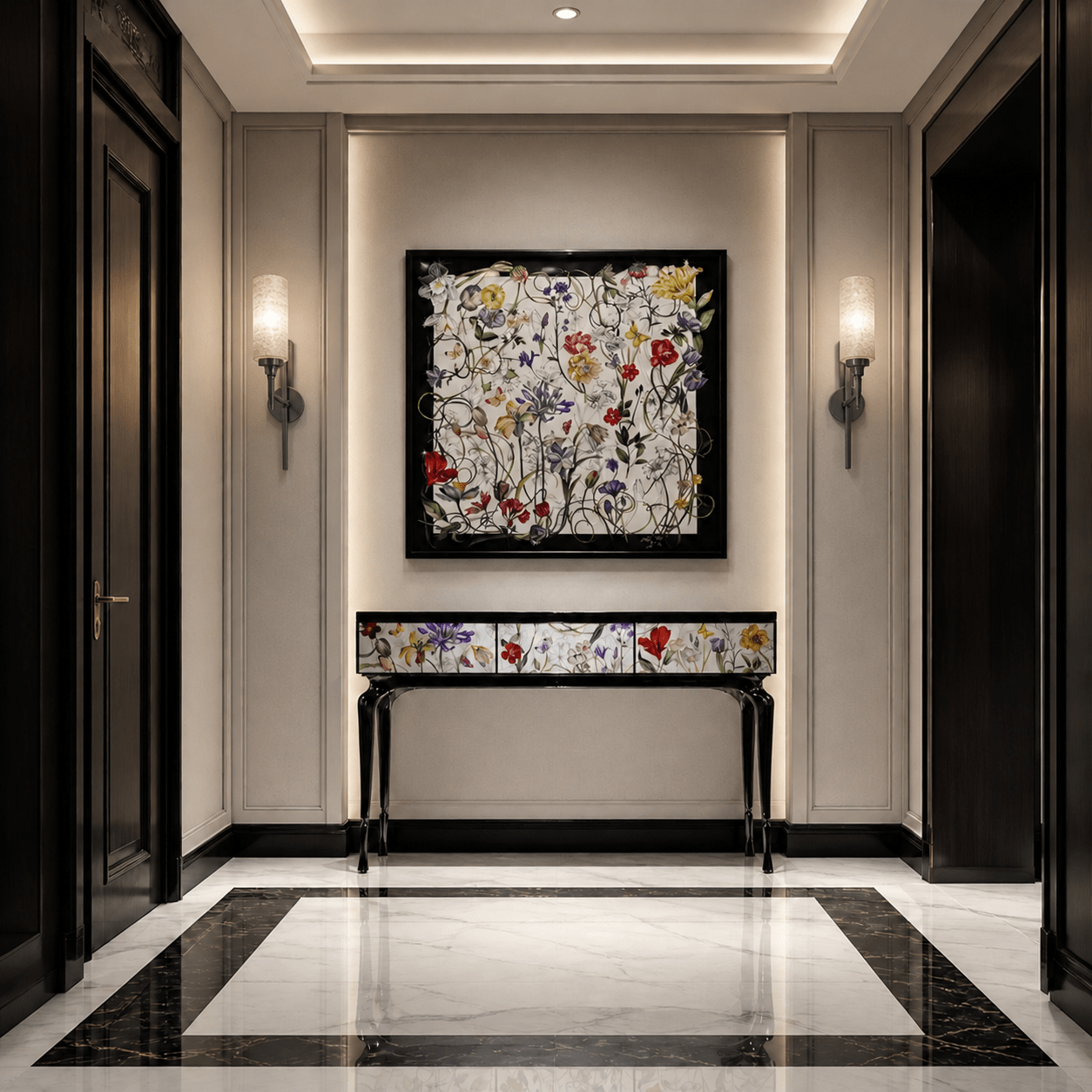 Chelsea collectible crystal artwork displayed in a refined luxury residential hallway interior
