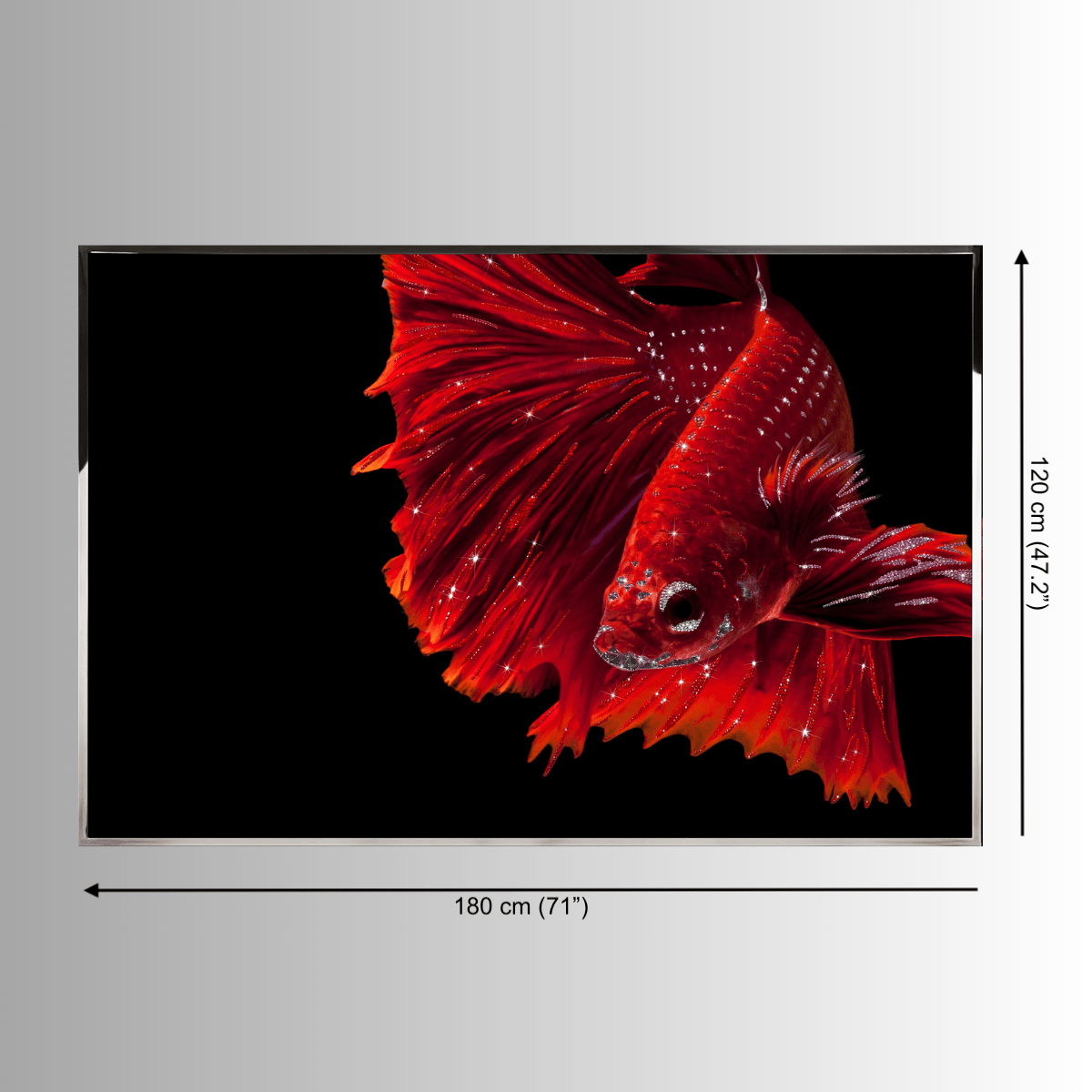 Luxury crystal wall art size reference showing 180 cm(71") by 120 cm(47.2") frame for statement interiors.