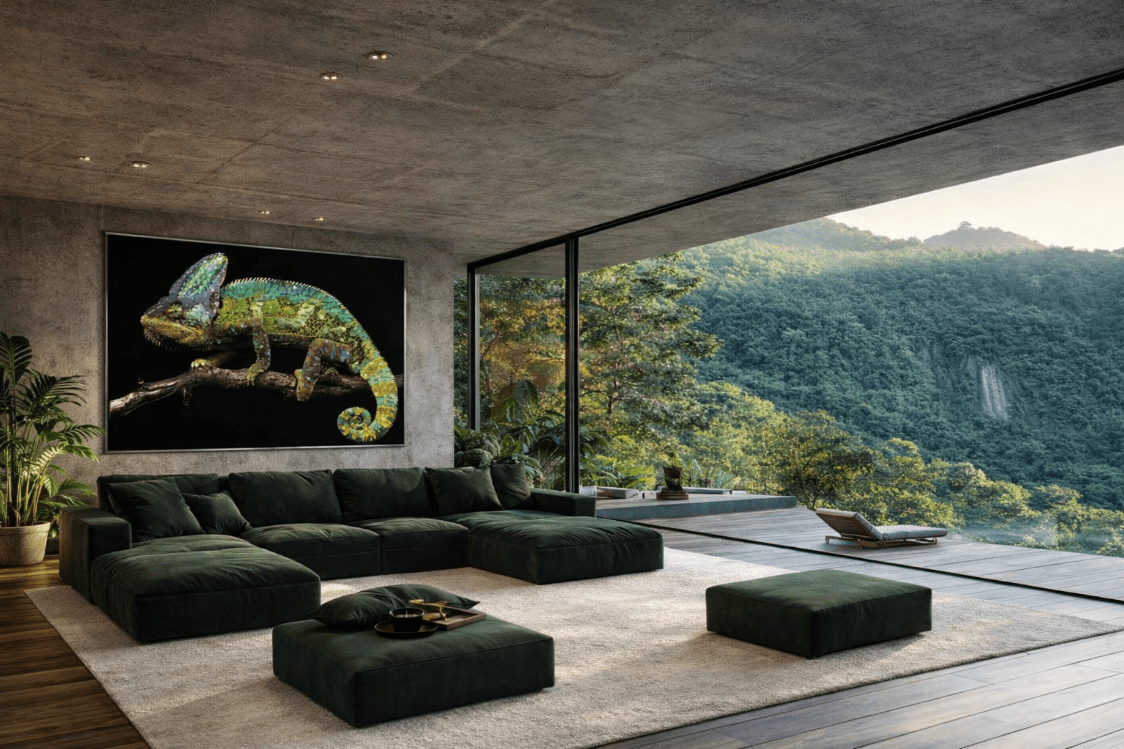 Denkyem luxury Swarovski crystal wall art displayed in modern living room with panoramic nature view