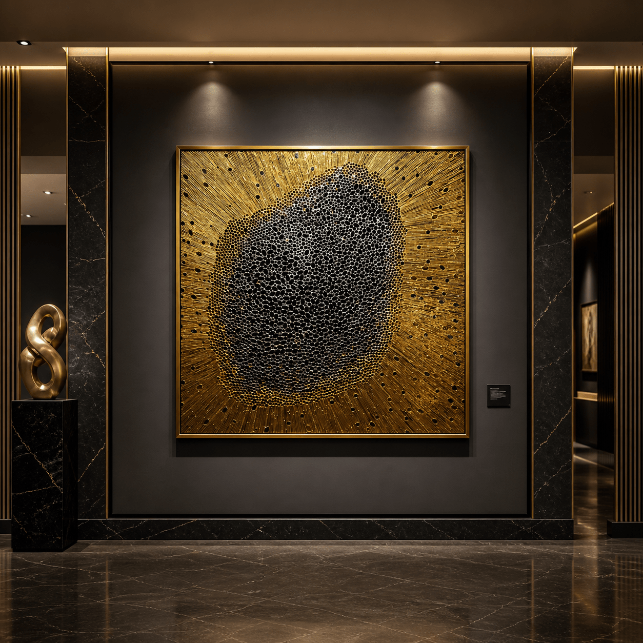 DIBA crystal artwork installed in luxury interior with dark marble and ambient lighting