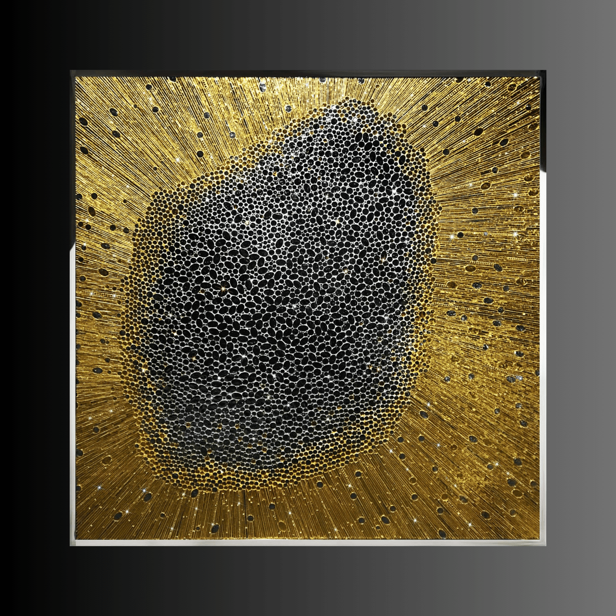 Framed DIBA crystal wall art with gold rays and 12,000 Swarovski crystals on dark background