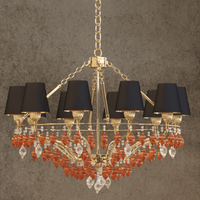 Luce Regale Donatello Eleganza chandelier with 10 lights, 18K gold frame, black shades, Murano-style amber glass drops by HDLS.