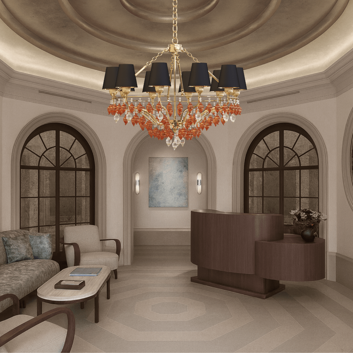 HDLS Donatello Eleganza chandelier illuminating a luxury living room with warm gold tones and Murano-style amber glass.