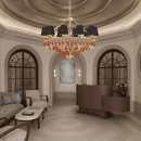 HDLS Donatello Eleganza chandelier illuminating a luxury living room with warm gold tones and Murano-style amber glass.