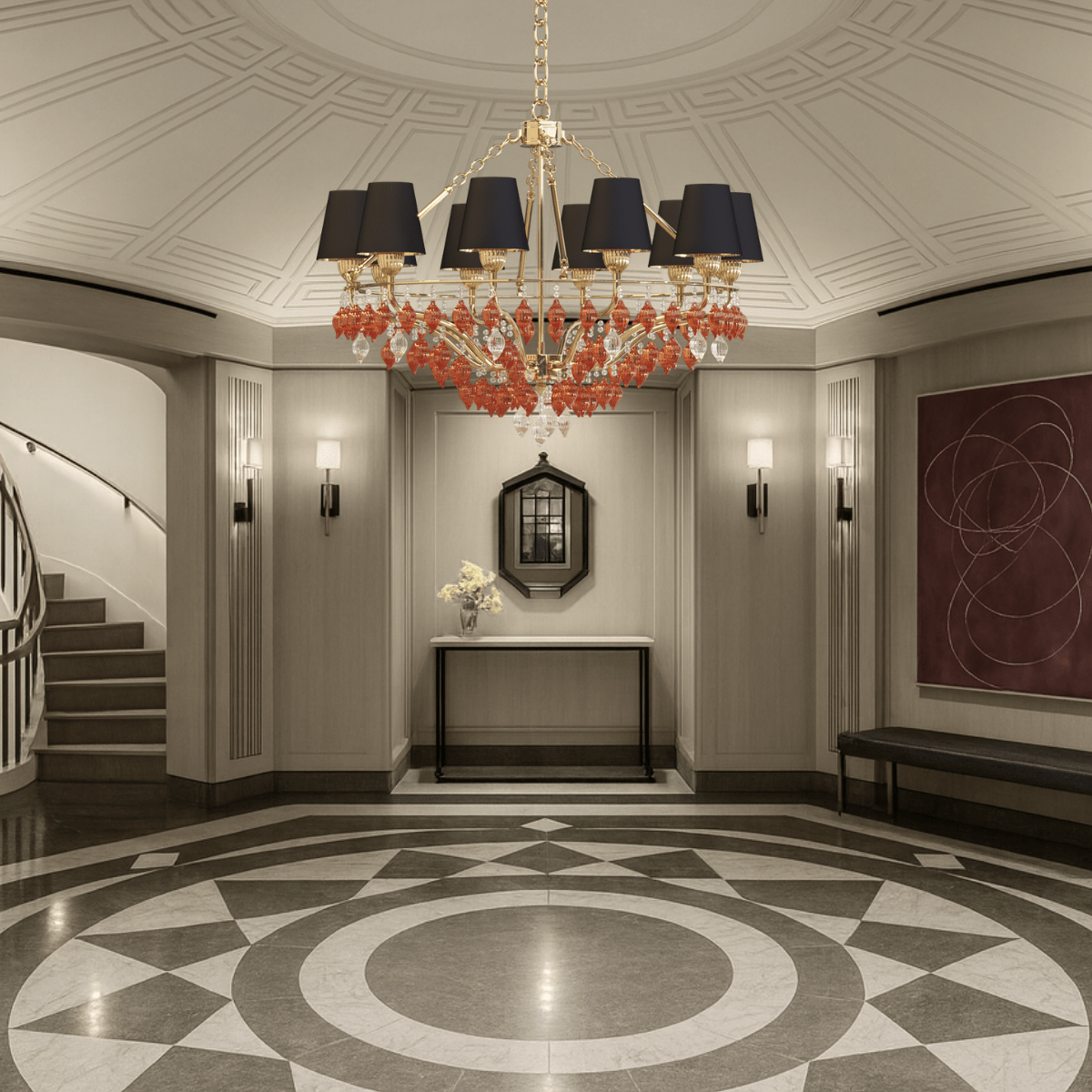 Donatello Eleganza gold chandelier with black shades and Murano-style glass displayed in a luxury foyer interior setting.