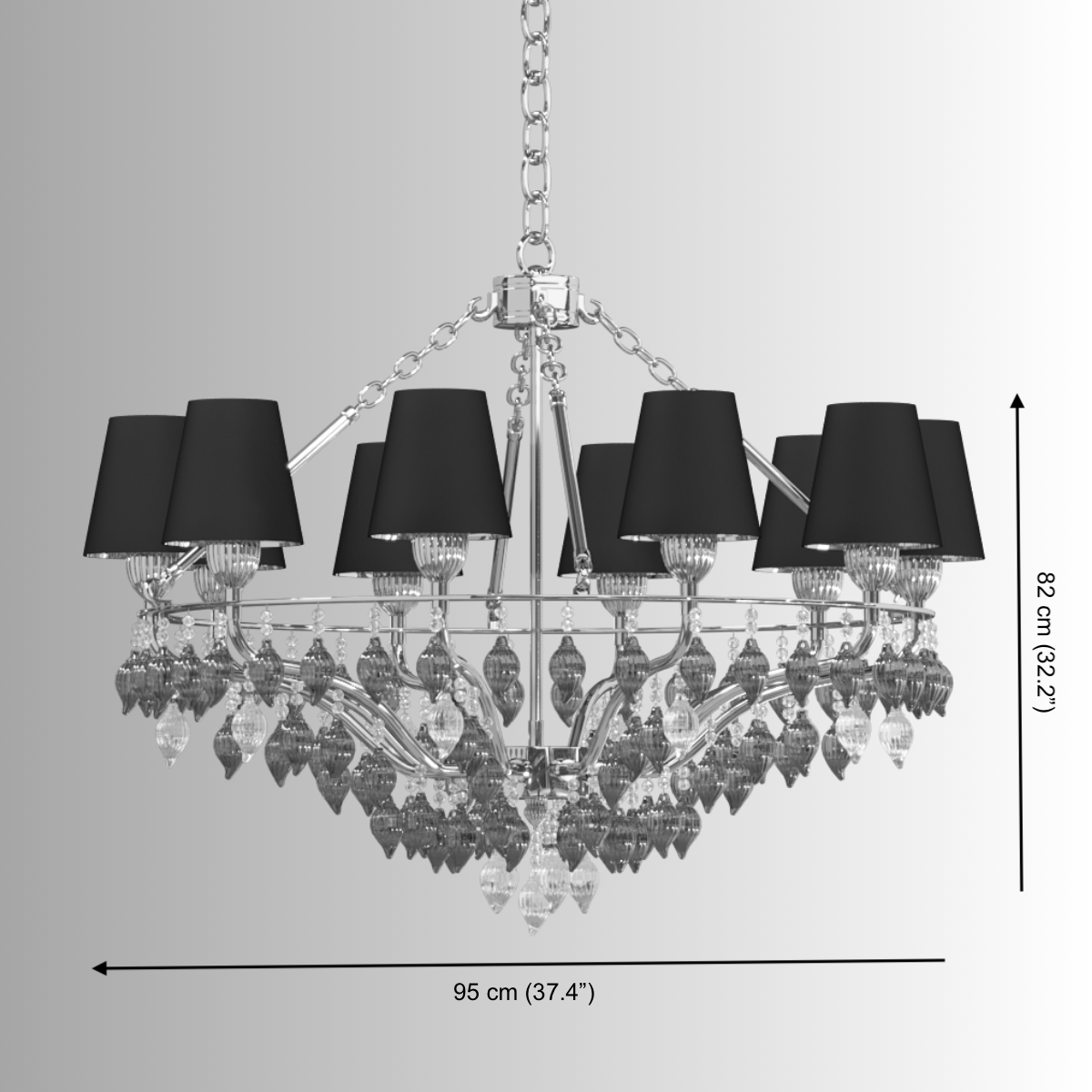 Technical drawing of Donatello Eleganza chandelier, showing dimensions for installation and Murano-style glass arrangement.