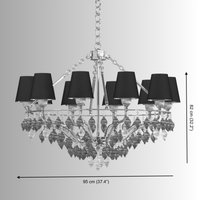 Technical drawing of Donatello Eleganza chandelier, showing dimensions for installation and Murano-style glass arrangement.