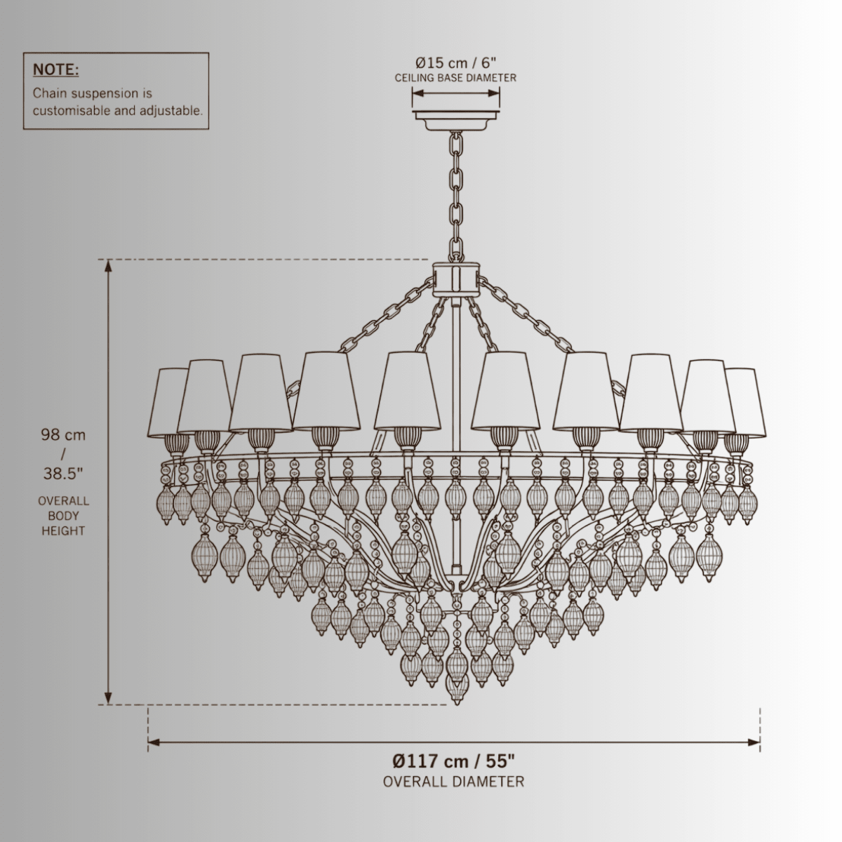 Luce Regale Donatello Grande chandelier CAD drawing with 117 cm diameter and adjustable chain