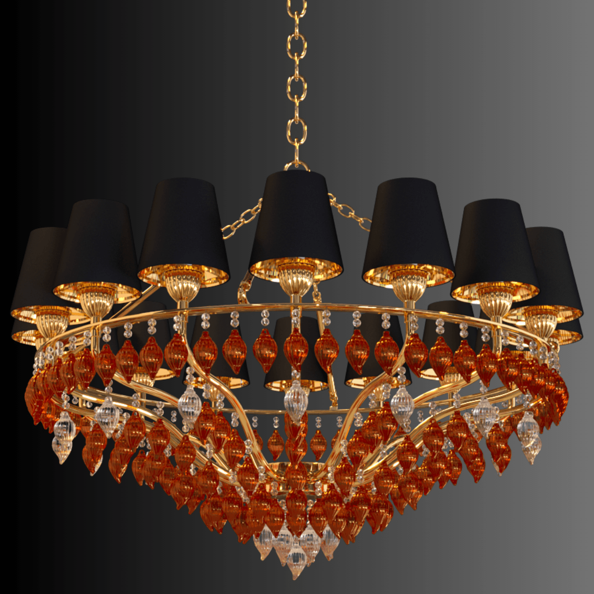 Close-up detail of Donatello Grande chandelier showcasing amber Murano-style teardrop glass and gold-plated metalwork.