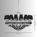 Technical drawing of Donatello Grande chandelier showing 117 cm diameter, 98 cm height, and 16-light E27 configuration.