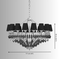 Technical drawing of Donatello Grande chandelier showing 117 cm diameter, 98 cm height, and 16-light E27 configuration.