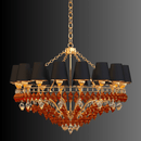 Studio view of Donatello Grande chandelier with gold-plated copper, black fabric shades, and handcrafted Murano-style glass.